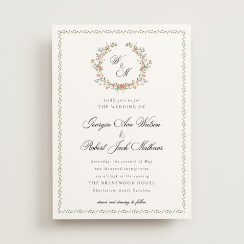 This is a blush wedding invitations with standard by Susan Moyal called monogramed printing on signature in standard