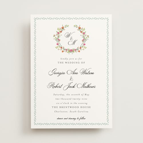 This is a tropical wedding invitations with standard by Susan Moyal called monogramed printing on signature in standard