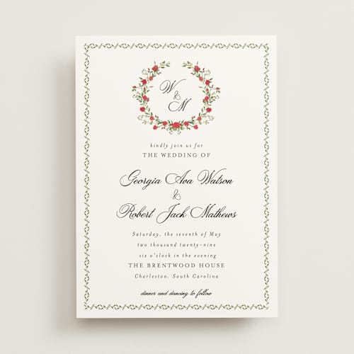 This is a crimson wedding invitations with standard by Susan Moyal called monogramed printing on signature in standard