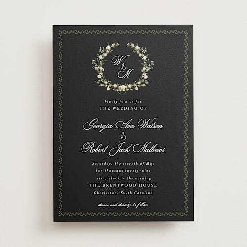 This is a black tie wedding invitations with standard by Susan Moyal called monogramed printing on signature in standard