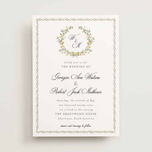 This is a butter wedding invitations with standard by Susan Moyal called monogramed printing on signature in standard