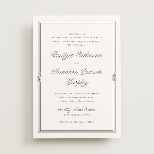 This is a wine wedding invitations with standard by Kate Ahn called court printing on signature in standard