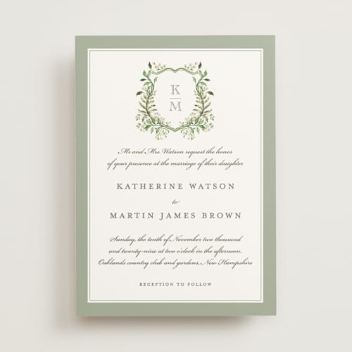This is a sage wedding invitations with standard by Sarah Knight called greenery crest printing on signature in standard