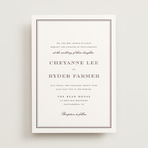 This is a burgundy wedding invitations with standard by Stacey Meacham called engraved names printing on signature in standard