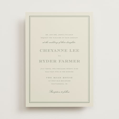 This is a sage wedding invitations with standard by Stacey Meacham called engraved names printing on signature in standard