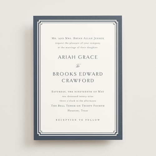 This is a french blue wedding invitations with standard by Jennifer Postorino called ariah printing on signature in standard