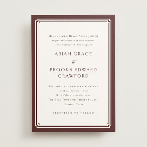 This is a burgundy wedding invitations with standard by Jennifer Postorino called ariah printing on signature in standard