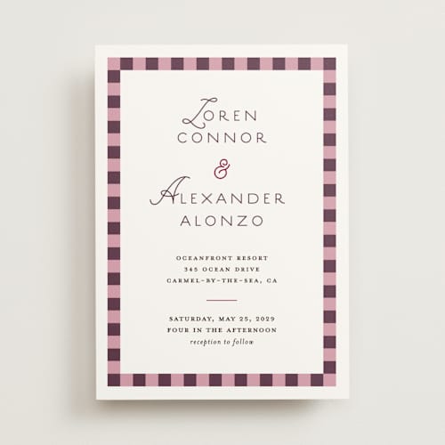 This is a burgundy wedding invitations with standard by Angela Quan called grid printing on signature in standard