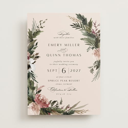 This is a rose quartz wedding invitations with standard by Kate Ahn called poetique printing on signature in standard