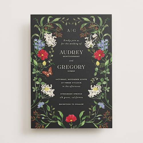 This is a onyx wedding invitations with standard by Sarah Knight called wild meadow printing on signature in standard