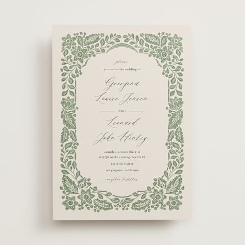 This is a moss wedding invitations with standard by Jen Owens called embroidered printing on signature in standard