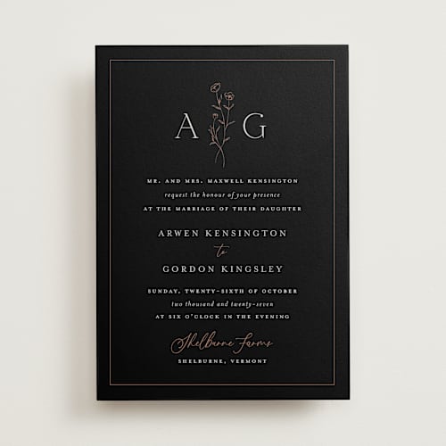 This is a black dahlia wedding invitations with standard by chocomocacino called kouignette printing on signature in standard