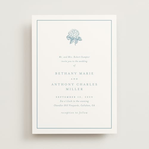 This is a seaside wedding invitations with standard by Stacey Meacham called hydrangea bloom printing on signature in standard