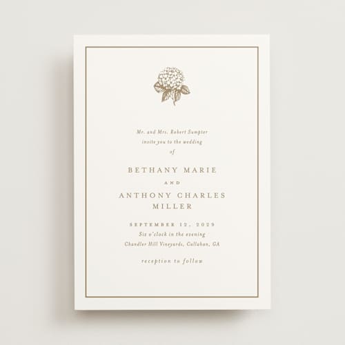 This is a cotton wedding invitations with standard by Stacey Meacham called hydrangea bloom printing on signature in standard
