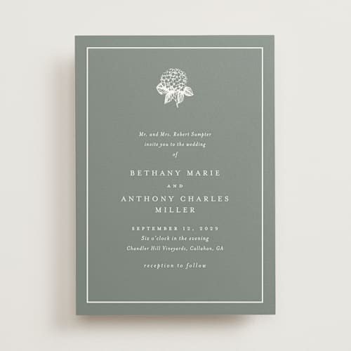 This is a rosemary wedding invitations with standard by Stacey Meacham called hydrangea bloom printing on signature in standard