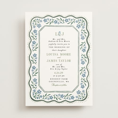 This is a periwinkle wedding invitations with standard by Alethea and Ruth called sweet vintage printing on signature in standard