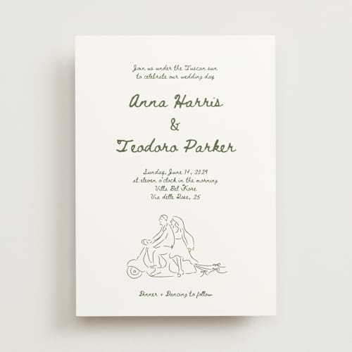This is a olive wedding invitations with standard by Helena Vitto called amore mio printing on signature in standard