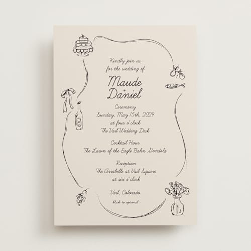 This is a ivory wedding invitations with standard by Aviva Atri called sketchbook love printing on signature in standard