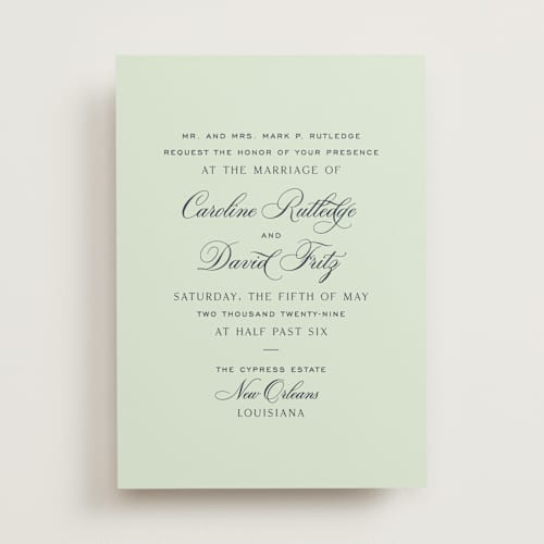 This is a mint wedding invitations with standard by Megan Davis called nola printing on signature in standard