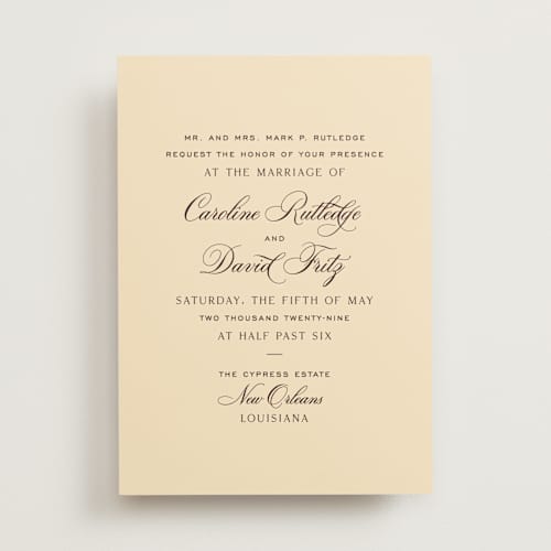 This is a butter wedding invitations with standard by Megan Davis called nola printing on signature in standard
