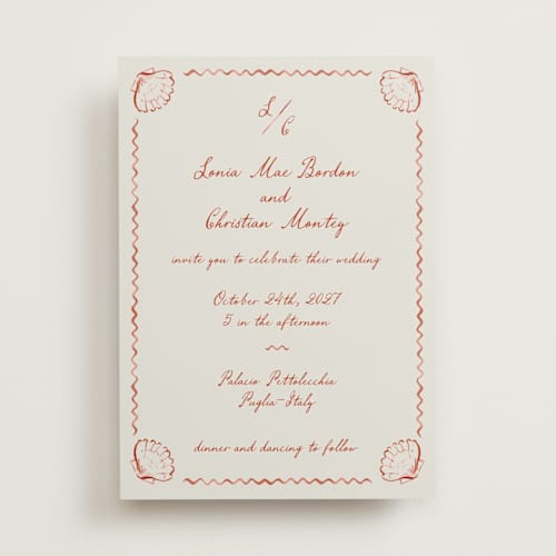 This is a coral wedding invitations with standard by Pati Cascino called puglia printing on signature in standard