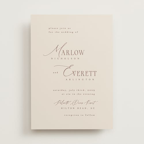 This is a chocolate wedding invitations with standard by Kelly Schmidt called scripted initials printing on signature in standard