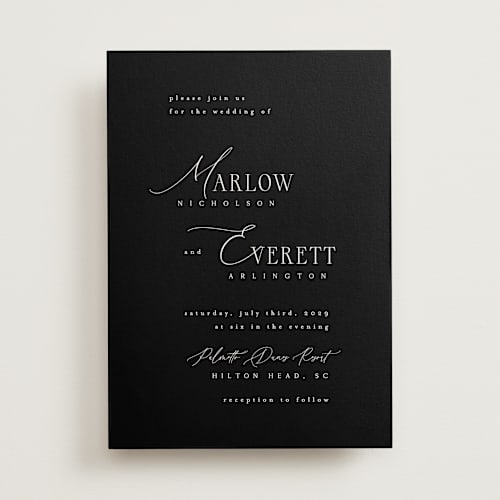 This is a midnight wedding invitations with standard by Kelly Schmidt called scripted initials printing on signature in standard