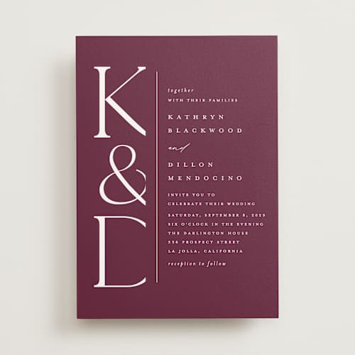 This is a bordeaux wedding invitations with standard by Erica Krystek called modern monogram printing on signature in standard
