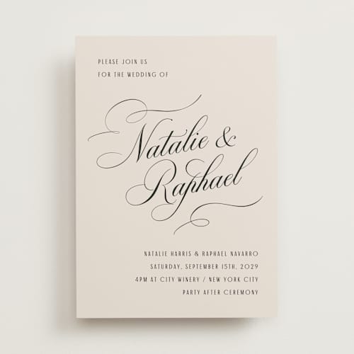 This is a black tie wedding invitations with standard by Hooray Creative called scripted names printing on signature in standard