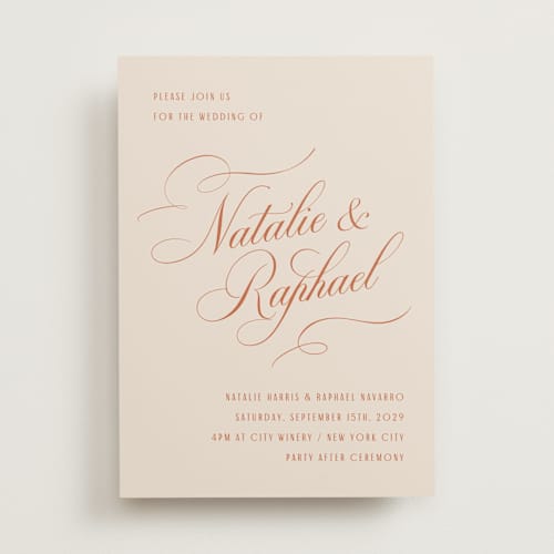 This is a citrus wedding invitations with standard by Hooray Creative called scripted names printing on signature in standard