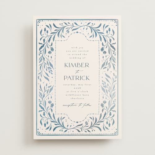 This is a delft blue wedding invitations with standard by Ashley DeMeyere called porcelain printing on signature in standard