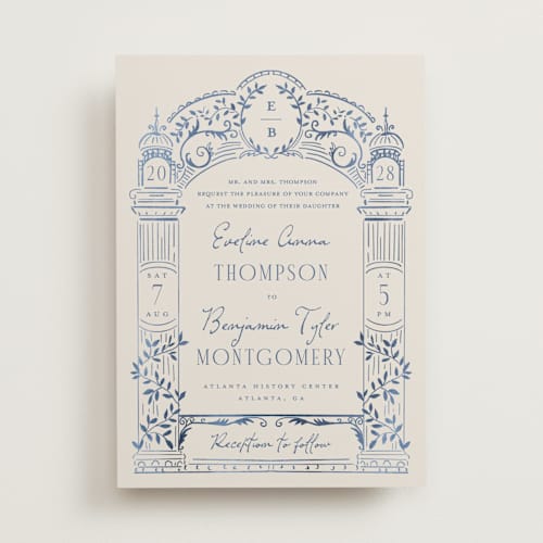 This is a navy wedding invitations with standard by Petra Kern called pavilion printing on signature in standard