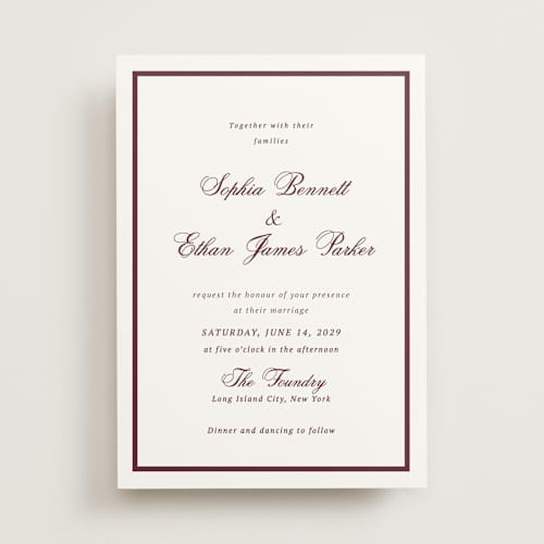 This is a dark merlot wedding invitations with standard by Cass Loh called chic union printing on signature in standard