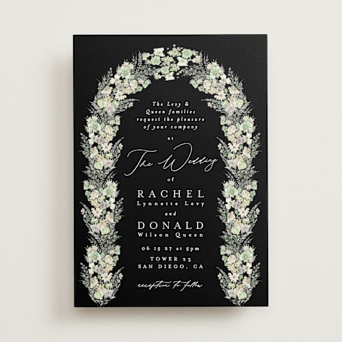 This is a midnight wedding invitations with standard by Phrosné Barwood called floral arch printing on signature in standard