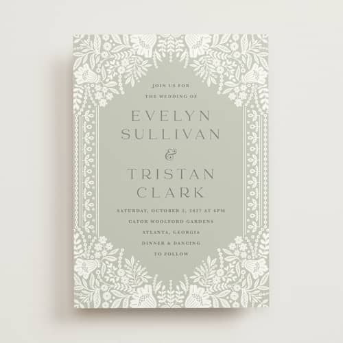 This is a sage wedding invitations with standard by Kristen Smith called lace trim printing on signature in standard