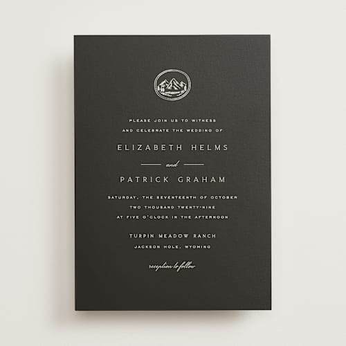 This is a onyx wedding invitations with standard by Amy Kross called aspen knoll printing on signature in standard