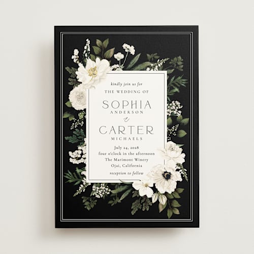 This is a black tie wedding invitations with standard by Susan Moyal called botanical love printing on signature in standard