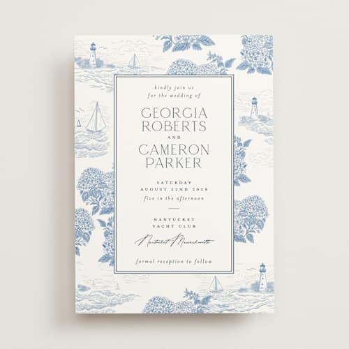 This is a sea wedding invitations with standard by Jenna Holcomb called coastal toile printing on signature in standard