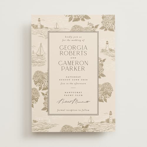 This is a sand wedding invitations with standard by Jenna Holcomb called coastal toile printing on signature in standard