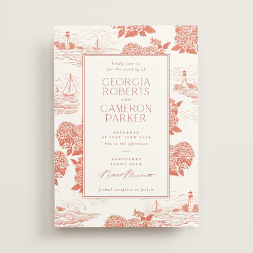 This is a sunset wedding invitations with standard by Jenna Holcomb called coastal toile printing on signature in standard