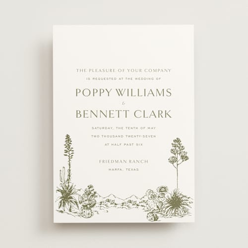 This is a verde wedding invitations with standard by Megan Davis called rancho printing on signature in standard