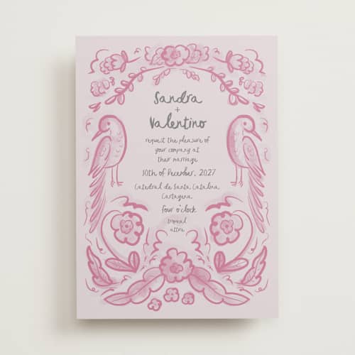 This is a berry pink wedding invitations with standard by Ani Somi called santa catalina printing on signature in standard