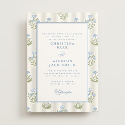 This is a powder wedding invitations with standard by Creo Study called patterned florals printing on signature in standard