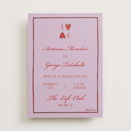 This is a purple heart wedding invitations with standard by Pati Cascino called two hearts printing on signature in standard