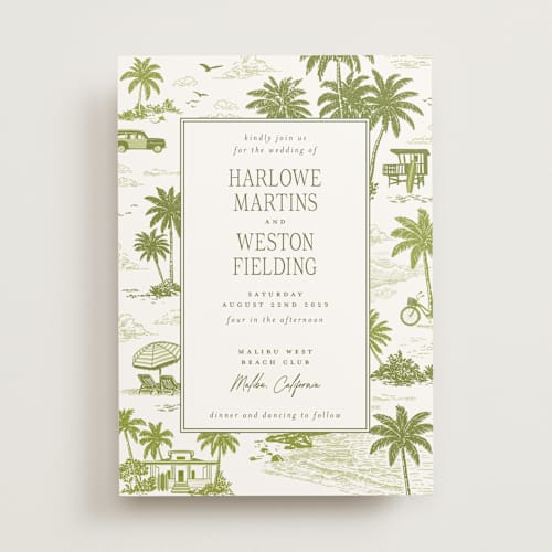 This is a palm wedding invitations with standard by Jenna Holcomb called beachtoile printing on signature in standard