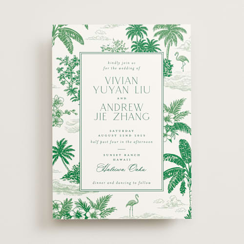 This is a jade wedding invitations with standard by Jenna Holcomb called tropical toile printing on signature in standard