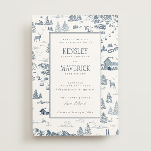 This is a denim wedding invitations with standard by Jenna Holcomb called aspen toile printing on signature in standard