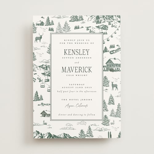 This is a forest wedding invitations with standard by Jenna Holcomb called aspen toile printing on signature in standard