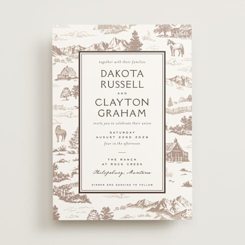 This is a leather wedding invitations with standard by Jenna Holcomb called mountain ranch toile printing on signature in standard