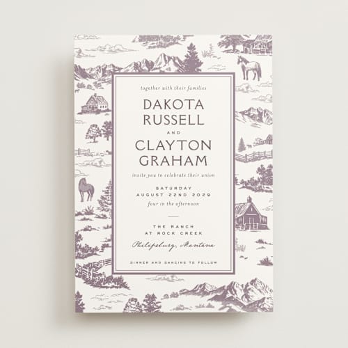 This is a mauve wedding invitations with standard by Jenna Holcomb called mountain ranch toile printing on signature in standard
